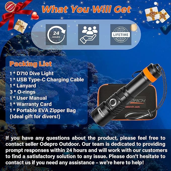 ORCATORCH D710 Scuba Diving Light, 3000 Lumens Super Bright Underwater Flashlight with 6 Degrees Narrow Beam, IP68 Waterproof Night Dive Torch 150 Meters Submersible Light (Black)