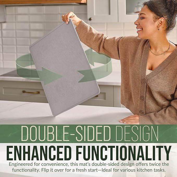 Large Stone Dish Drying Mat - Double-Sided Stone Drying Mat for Kitchen Counter - 3-Pcs Gift Set (Light Grey, 20" x 16")