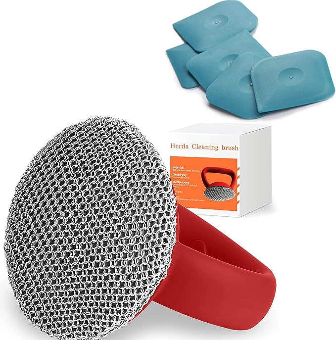 Cast Iron Scrubber Scraper Brush Kit, Fine Chainmail Scrubber Brush+5pcs Plastic Scraper for Kitchen Pan Pot Dish Cleaning