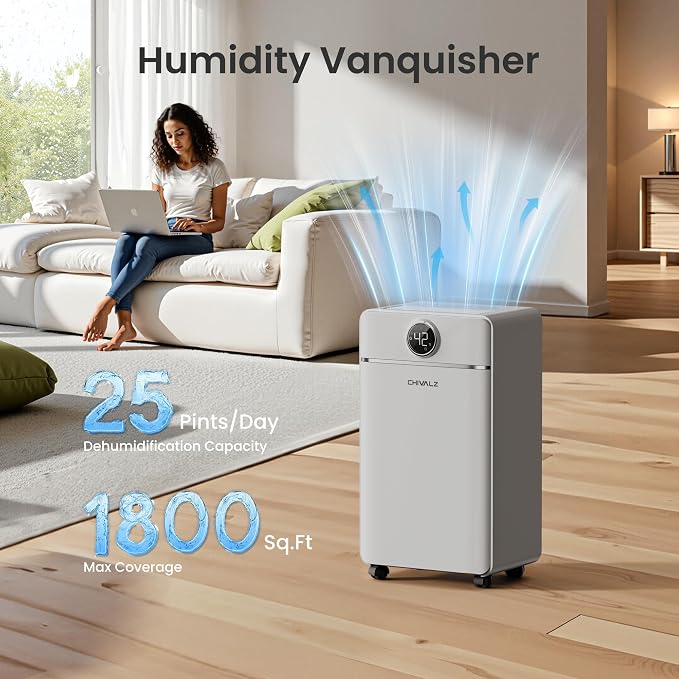CHIVALZ 1500 Sq.ft Dehumidifier for Basement with Drain Hose, 2026 Upgraded 25 Pints Dehumidifiers for Home, Bedroom, Bathroom, RV, Intelligent Humidity Control, 3 Modes, 24H Timer, Grey 1Pack