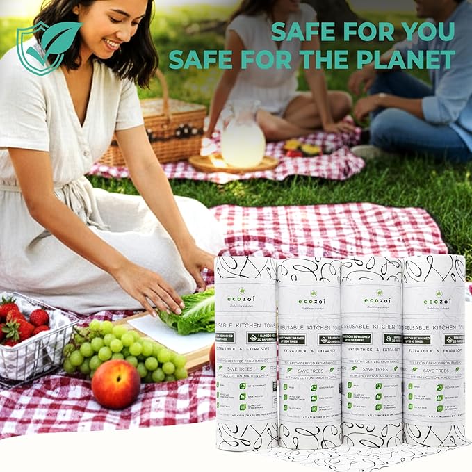 Ecozoi Bamboo Rayon Reusable Towels - 4 Pack | Equivalent to 80 Regular Rolls | 70% Rayon from Bamboo and 30% Cotton Kitchen Paper Rolls | 50 Times More Usage than Regular Paper Rolls