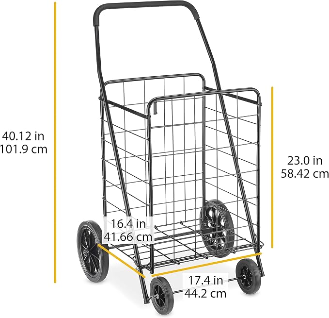 Whitmor Extra Large Utility Foldable Shopping Cart with Wheels, 100 Lb Capacity, Heavy Duty Grocery Cart with Steel Frame, Foam Handle, Rolling Collapsible Utility Trolley for Grocery, Laundry, Black