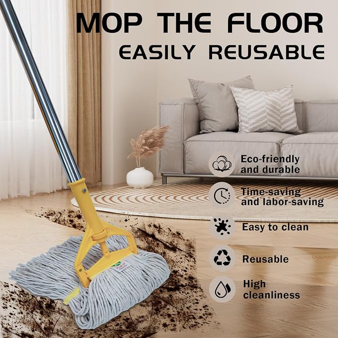 Commercial Cotton Mop | Heavy-Duty Industrial Mop | 2 Replacement Heads | 152cm Stainless Steel Handle | Professional Institutional Cleaning (B)