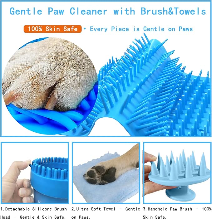Paw Cleaner for Small/Medium Dogs - Grabs Loose Fur with Top Brush | Clean muddy paws fast. Attached top brush grabs loose fur. No extra tools. Comes with bath brush & 3 towels. Less fur. Blue