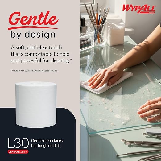 WypAll GeneralClean L30 Cloths Heavy Duty Cleaning Wipes (05820), Center-Pull, Strong and Soft Bulk Paper Wipers, White (300 Sheets/Roll, 2 Rolls, 600 Sheet Total)