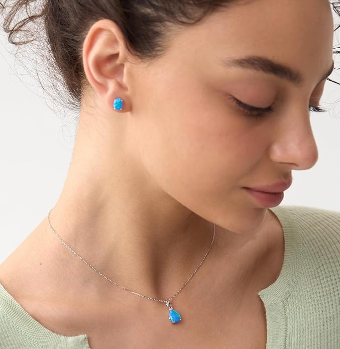 Mints Opal Jewelry Set Sterling Silver Pendant Necklace Stud Earrings October Birthstone Gemstone Fine Jewelry for Women