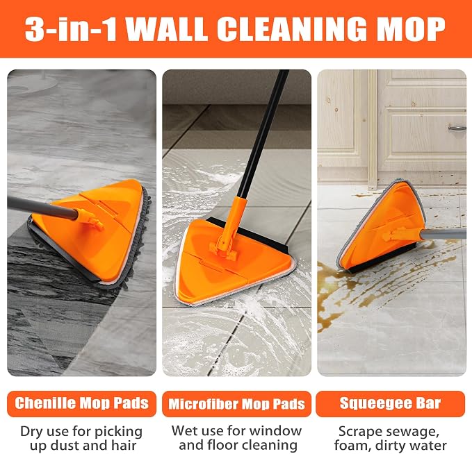JEHONN Wall Cleaner Mop with Long Handle, 3-in-1 Ceiling Cleaning Tool Duster with 12 Replacement Microfiber Chenille Pads for Painted Walls, Baseboard, Window, Floor (Green & Orange)