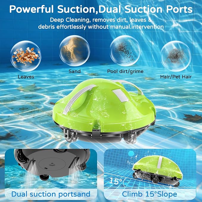 2026 NEW Cordless Robotic Pool Cleaner, Automatic Pool Robot Cleaner with Dual-Motor, 130mins Runtime & Auto Parking Pool Vacuum for Above Ground Inground Pools Up to 1100 Sq.Ft,JQR-V201,Green