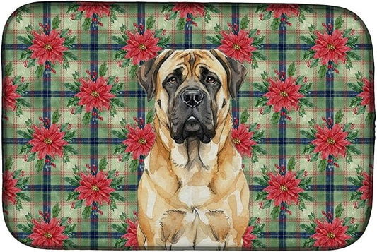 Caroline's Treasures Fawn Mastiff Christmas PoinsettIas Dish Drying Mat Absorbent Dish Drying Mat Pad for Kitchen Counter Dish Drainer Mat for Countertop, 14 x 21", Multicolor