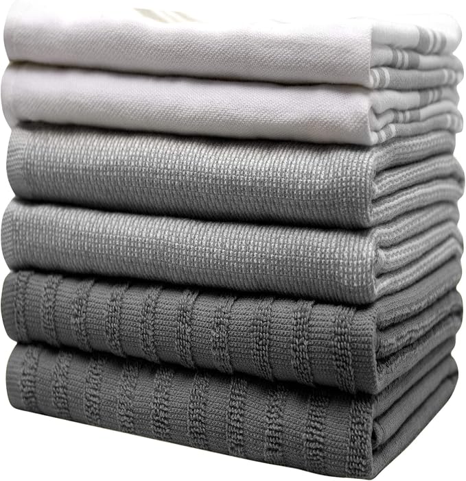 Premium Kitchen Towels (20”x 28”, 6 Pack) | Large Cotton Dish Towels | Flat & Terry Highly Absorbent Kitchen Linen Set with Hanging Loop | Grey Striped