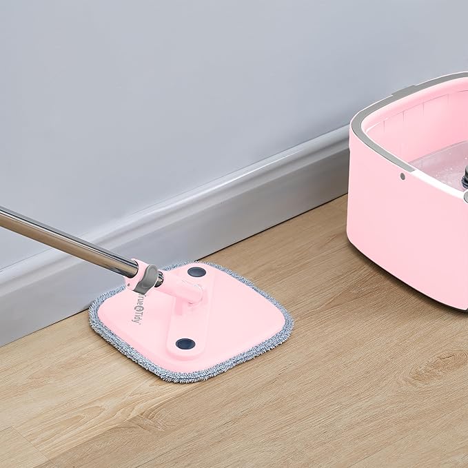 Spin Mop and Bucket with Separate Compartments for Clean and Dirty Water NEW 2025 Upgraded Version w/Side Brush and Self Standing Handle, Smart Square Mop w/ 2 Machine Washable Microfiber Pads, Rose