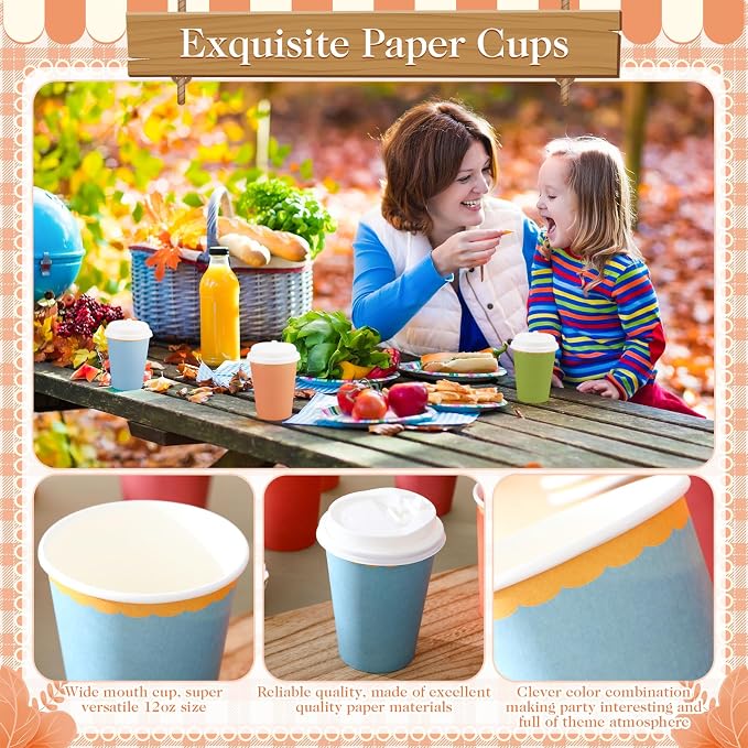 Willinglong 60 Pcs Fall Disposable Paper Cups with Lids 12oz Thanksgiving Coffee Cups with Golden Lace Drinkware for Birthday Baby Shower Bride Holiday Party Business Events DIY Supplies(Boho Colors)
