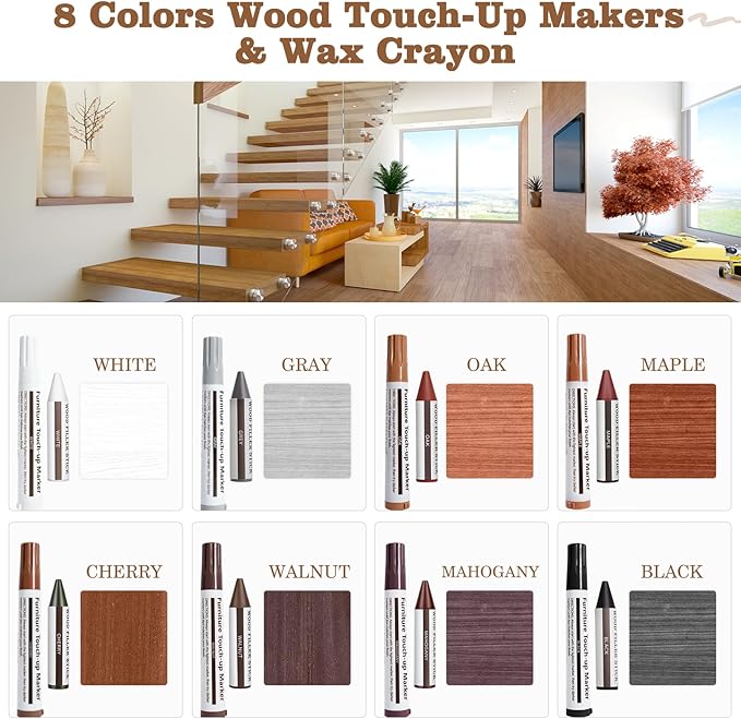 SEISSO 8 Colors Wood Wax Sticks ＆ Wood Markers Furniture Repair Kit, Wood Floor Scratch Repair, Furniture Markers Touch Up Restore Wood Floors, Tables, Holes, Laminate, Carpenters