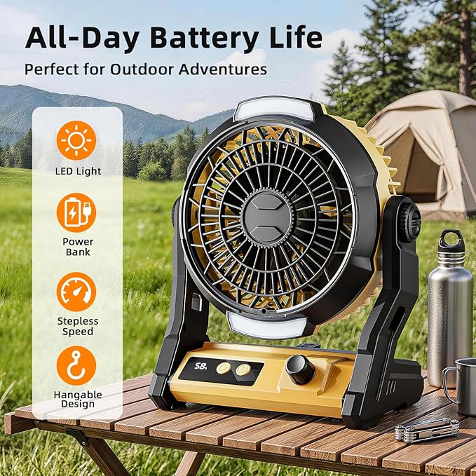 Antarctic Star Portable Camping Fan for Tent, 10000mAh Battery Operated Fan with Night Light, Stepless Speed USB Desk Fan, Quiet Personal Portable Fan with 8H Timer, Hanging Hook for Outdoor, Yellow