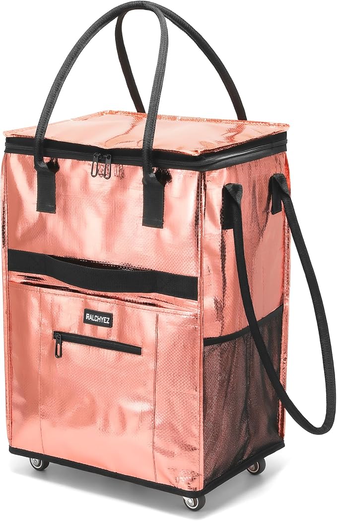 RalChyez Reusable Grocery Bags on Wheels, 67L Rolling Tote Grocery Bag with Handle and Zipper Cover Foldable Shopping Cart Trolley Laundry Basket Bag Rose Gold Medium