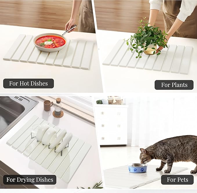 Diatomaceous Stone Dish Drying Mat with Collapsible Steel Rack - Quick Dry Kitchen Counter Set, Space Saving Foldable Dryer