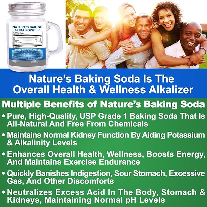 Organic Use Aluminum Free Baking Soda Bulk Supplement Powder in Mason Jar with Lid & Spoon - Food Grade & Organic Use Baking Soda for pH Balance, Kidney Health, Antacid & Detox Support - 16oz
