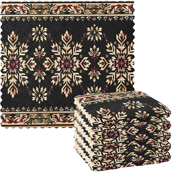 ALAZA Dish Towels Kitchen Cleaning Cloths Ukrainian Embroidery Ornament Red Black Dish Cloths Absorbent Kitchen Towels Lint Free Bar Tea Soft Towel Kitchen Accessories Set of 6,11"x11"
