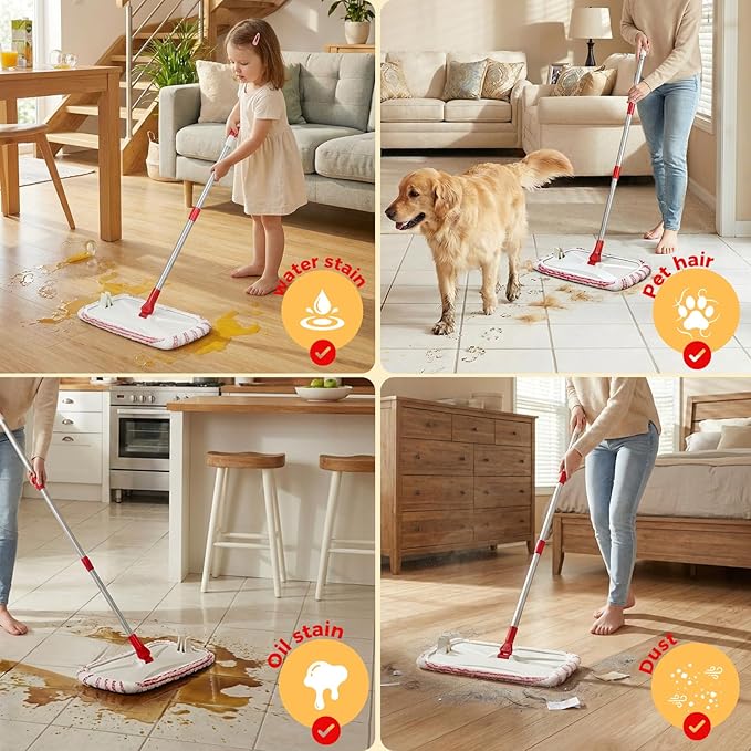 OZD Flat Mops for Floor Cleaning , with 5 Reusable 16x9in Dual-Fiber Mop Heads, Remove Stubborn Stains, Wet and Dry Use, Suitable for Hardwood, Tile, Laminate Flooring etc, Red