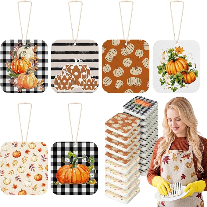 Hahafelt 36 Pack Fall Pumpkin Compressed Cellulose Sponges Bulk Pop up Autumn Natural Kitchen Compostable Non Scratch Dish Sponges for Washing Dishes, Cleaning Countertop Sink