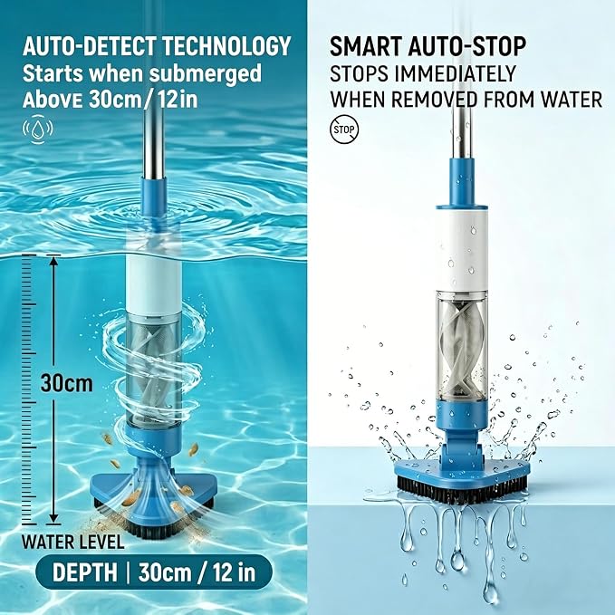 Handheld Pool Vacuum for Above Ground Pools, Cordless Pool Cleaner for Hot Tubs & Spas, 60 Min Runtime, 91in Reach with Poles, Dual Brush Heads, Cleans Sand&Debris&Algae, OVIA OCEAN10