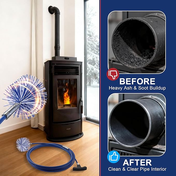 Dreyoo Pellet Stove Cleaning Brush Kit, 20 FT Flexible Steel Rod with 3" & 4" Brush Head, T Handle, Multi Purpose Flue Detail Cleaner, Nylon Stove Flue Pipe Kit for Pellet Furnace Exhaust Pipes