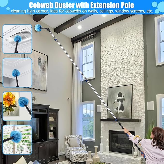 20 Foot High Reach Ceiling Duster Kit 3.6-12ft Extendable Pole with Cobweb Duster,Ceiling Fan Duster,Window Squeegee and Scrubber, Microfiber Feather for Easy Cleaning Indoor & Outdoor