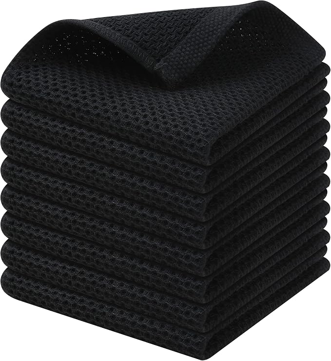 Kitinjoy 100% Cotton Kitchen Dish Cloths (12 X 12 Inches, Black), 8 Pack Waffle Weave Ultra Soft Absorbent Dish Towels for Drying Dishes Quick Drying Kitchen Towels Dish Rags
