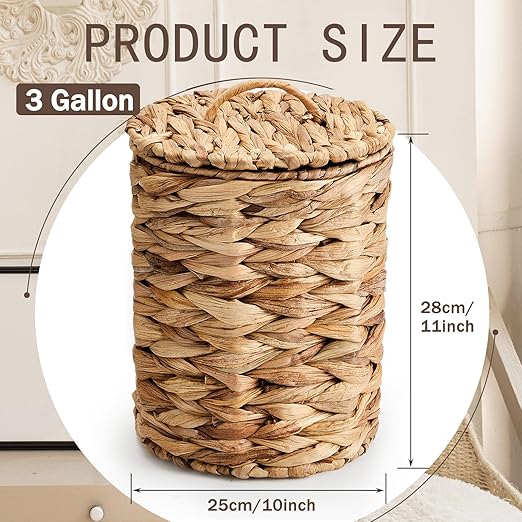 Ctosree 3.8 Gallons Large Wicker Trash Can with Lid Handle Woven Wicker Rattan Bathroom Waste Basket Boho Trash Basket with 100 Plastic Garbage Bags for Bedroom Office Laundry (Classic Style, Nautral)