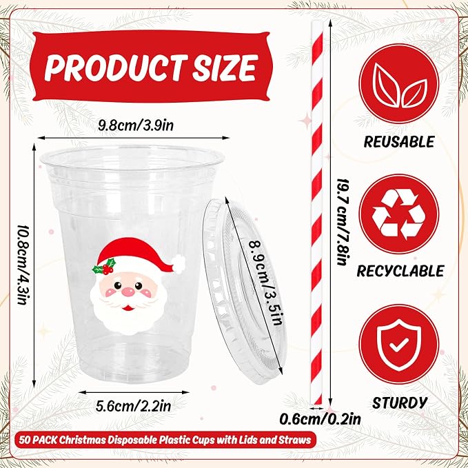 Whaline 50 Pcs 12 Oz Christmas Disposable Plastic Cups with Lids and Straws Santa Claus Face Cold Beverage Drinking Cups for Winter Xmas Birthday Party Supplies