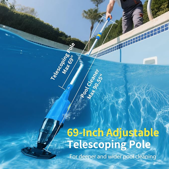 Cordless Rechargeable Pool Vacuum for Above & In-Ground Pools – 18GPM Suction, 90 Min Runtime, Fast 3H Charge, 69" Telescopic Pole – Deep Clean for Spa, Hot Tub, Sand, Leaves, Debris (Blue)