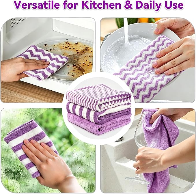 Microfiber Cleaning Cloth 6 Pack, Ultra Soft Super Absorbent Lint Free Dish Towels with Hanging Loop, 13.5x29 Inch Purple Reusable Kitchen Towels for Kitchen, Window, Car, Household