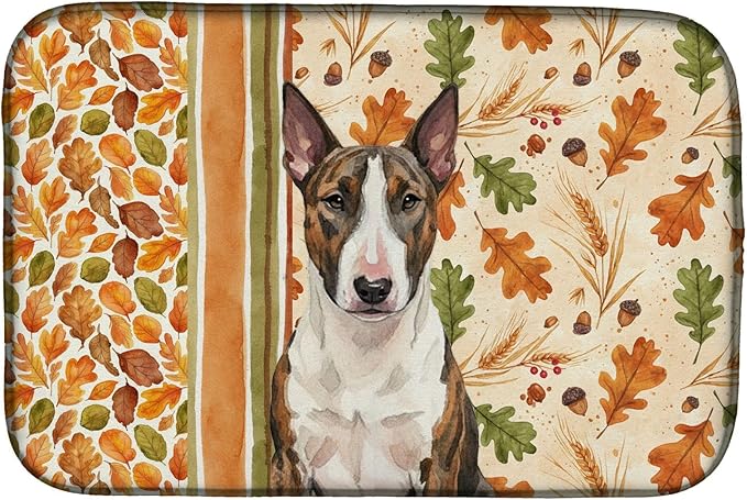 Caroline's Treasures Brindle and White Bull Terrier Heirloom Fall Dish Drying Mat Absorbent Dish Drying Mat Pad for Kitchen Counter Dish Drainer Mat for Countertop, 14 x 21", Multicolor