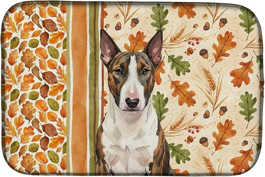 Caroline's Treasures Brindle and White Bull Terrier Heirloom Fall Dish Drying Mat Absorbent Dish Drying Mat Pad for Kitchen Counter Dish Drainer Mat for Countertop, 14 x 21", Multicolor