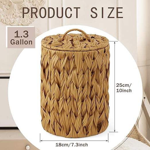 Ctosree 1.3 Gallons Small Trash Can with Lid Handle Boho Woven Braided Bathroom Waste Basket Trash Can with 100 Garbage Bags for Bedroom Office Laundry(Braided Polypropylene, Caramel Color)