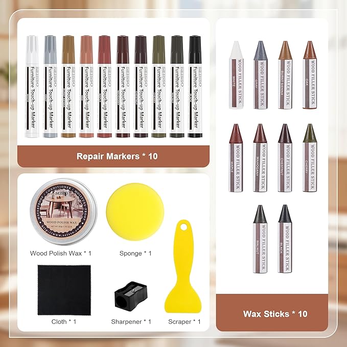 SEISSO Wood Furniture Repair Kit, New Improved 10 Colors Touch Up Markers and Crayons with Polish Wax, Covering Damaged Wooden Surfaces and Floors, Scratches, Stains, Cracks and Dents(25 PCs)
