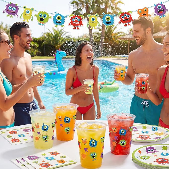 Uiifan 50 Pcs Monster Birthday Party Supplies Cute Cartoon Little Monster Party Decoration 12 oz Blue Purple Green Cups Disposable Plastic Cups for Coffee Juice Beverages Cocktail Birthday