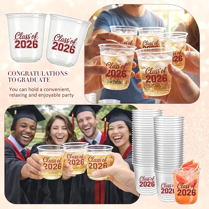 Potchen 50pcs Graduation Cups Class of 2026 12oz Clear Plastic Graduation Party Cups for 2026 Celebration Party Supplies Congrats Grad Tableware Decoration(Maroon)