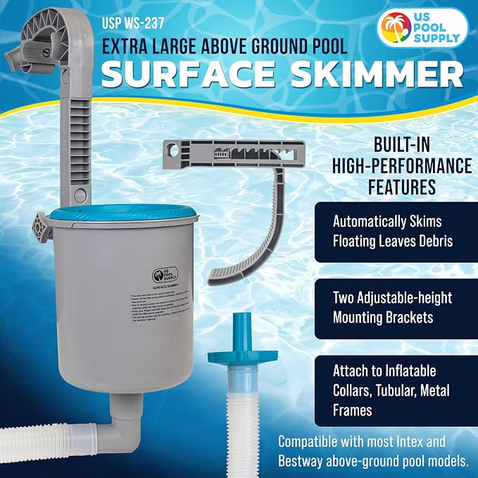 U.S. Pool Supply Above Ground Pool Skimmer, Wall Mount Surface Skimmer - Extra-Large Collection Basket, Automatically Skims Floating Leaves Debris, Attach to Inflatable Collars, Tubular, Metal Frames