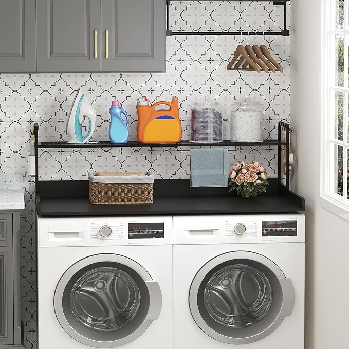 Lifewit Washer Dryer Countertop with Adjustable Shelf, Melamine Cover for The Top with Edge Rails, Towel Rack for Laundry Room Storage and Organization, Hold 200lbs, Black, 54" x 27.5"