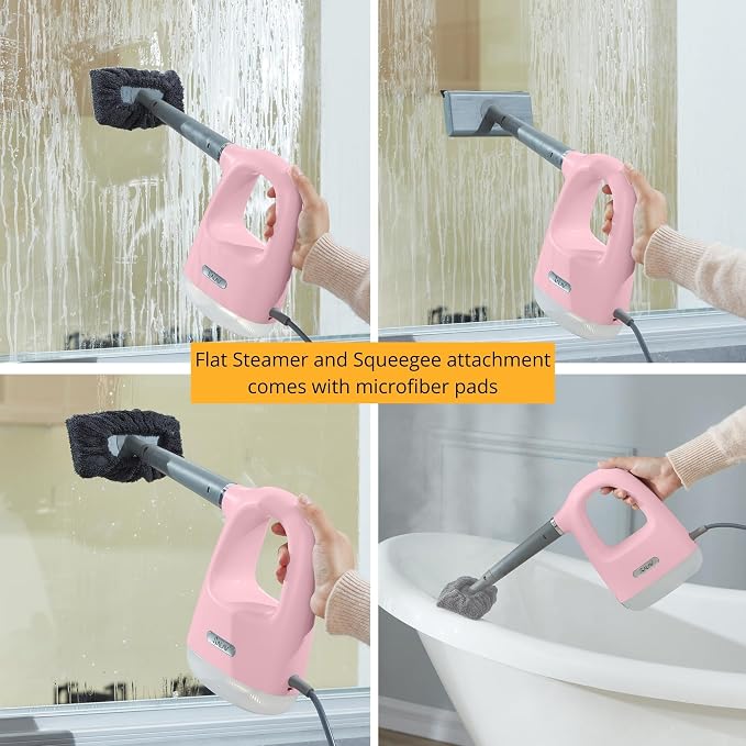 SALAV® CleanSteam Compact Steam Cleaner Pressurized Multi-Surface Handheld Steamer w/11pc Accessories, Safety Lock No-Drip Fast Heat Time Unlimited Use, for Cleaning Windows, Tiles, Grout, Car (Pink)