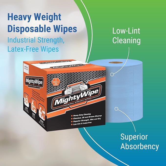 Berk Wiper MIGHTYWIPE - Advanced Heavy Weight Disposable Wipes (475 Heavy Duty Wipers) Latex-Free and Low-Lint for Effective Wiping - Blue Fold Jumbo Roll Paper towel (12 x 12), 1 Perforated Roll