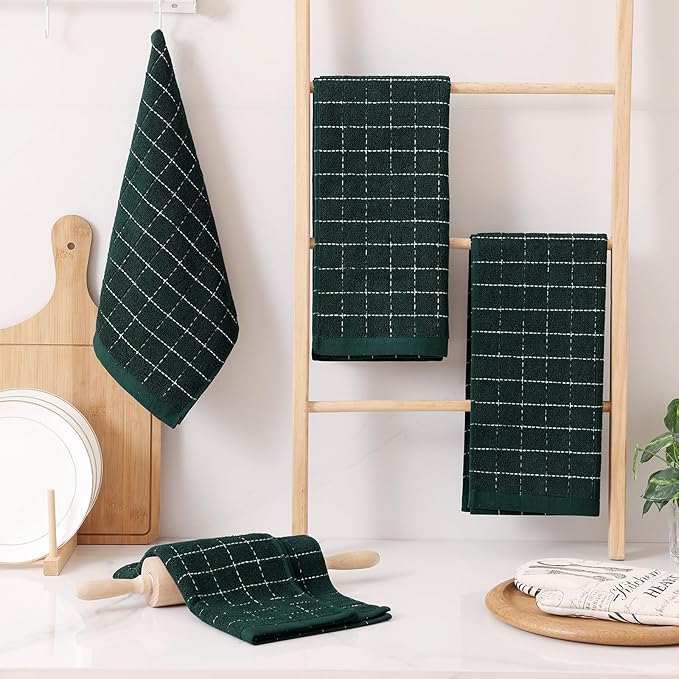 Homaxy 100% Cotton Terry Kitchen Towels(Blackish Green, 13 x 28 inches), Checkered Designed, Soft and Super Absorbent Dish Towels, 6 Pack