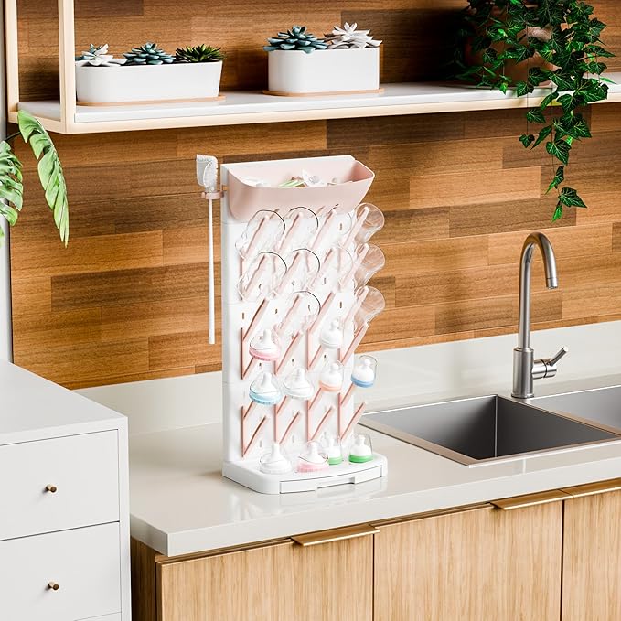 SuoXing Vertical Baby Bottle Drying Rack with Brush- Hold 24 Bottles - Large Breast Pump,Bottle Dryer Rack for Kitchen Countertop,Space Saving Bottle Stand Holder for Pacifiers,Pump Accessories,Pink