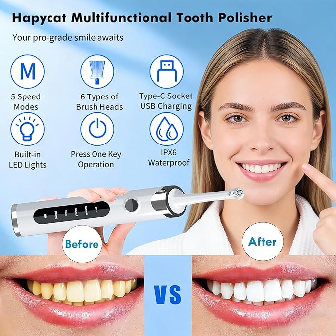 Tooth Polisher Kit with 5 Speed Modes and 5 Heads,Tooth Whitening for Cleaning with Led Light, IPX7 Waterproof Tooth Polish Complete Teeth Cleaning Tools Home Dental Care Set White