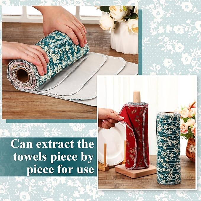 Redbaker 50 Pcs Reusable Paper Towels Paperless Reusable Cotton Cloths Toilet Absorbent Washable Paper Towels with Roll Kitchen Dishcloth for Kitchen Paperless Dishcloths(Floral)