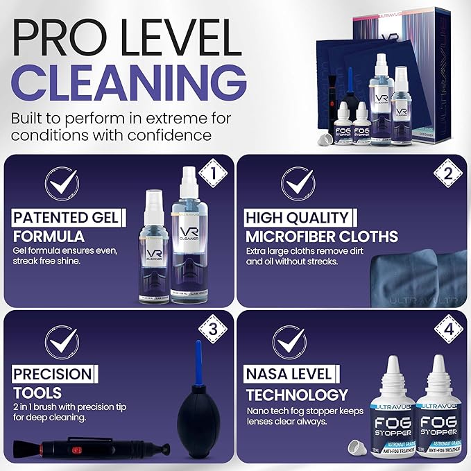 VR Cleaning Kit and Anti-Fog Treatment - Includes VR Cleaner Gel Sprays, Microfiber Cloths, Anti Fog Drop Treatments, Brush and Air Bladder with Precision Nozzle