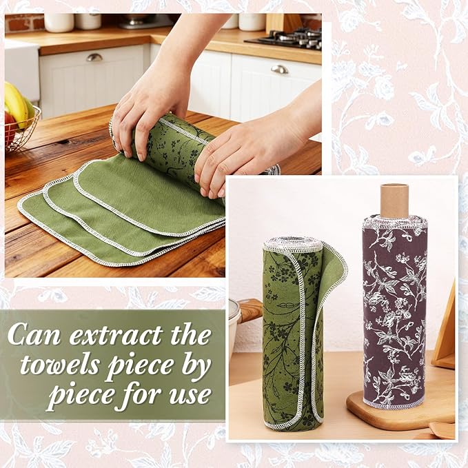 Redbaker 50 Pcs Reusable Paper Towels Paperless Reusable Cotton Cloths Toilet Absorbent Washable Paper Towels with Roll Kitchen Dishcloth for Kitchen Paperless Dishcloths(Branches)