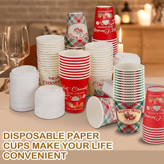 Gerrii 100 Set Christmas Paper Cups Disposable 12 oz with Lids Hot Chocolate Cups Coffee Cups Holiday Hot Cups for Hot and Cold Drinks Tea Water Bar Supplies Winter Season (Classic Style)