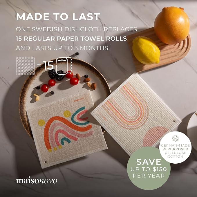MAISONOVO Swedish Dishcloths- Reusable Paper Towels - Swedish Dishcloths for Kitchen- Modern Pack of 4 - Reusable Paper Towels Washable Kitchen Cleaning Cloths